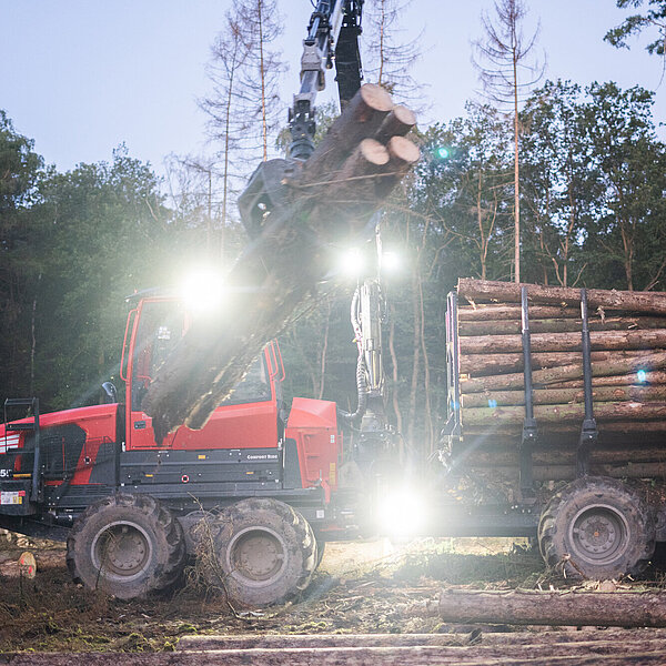 Forwarder lädt geerntetes Rohholz auf